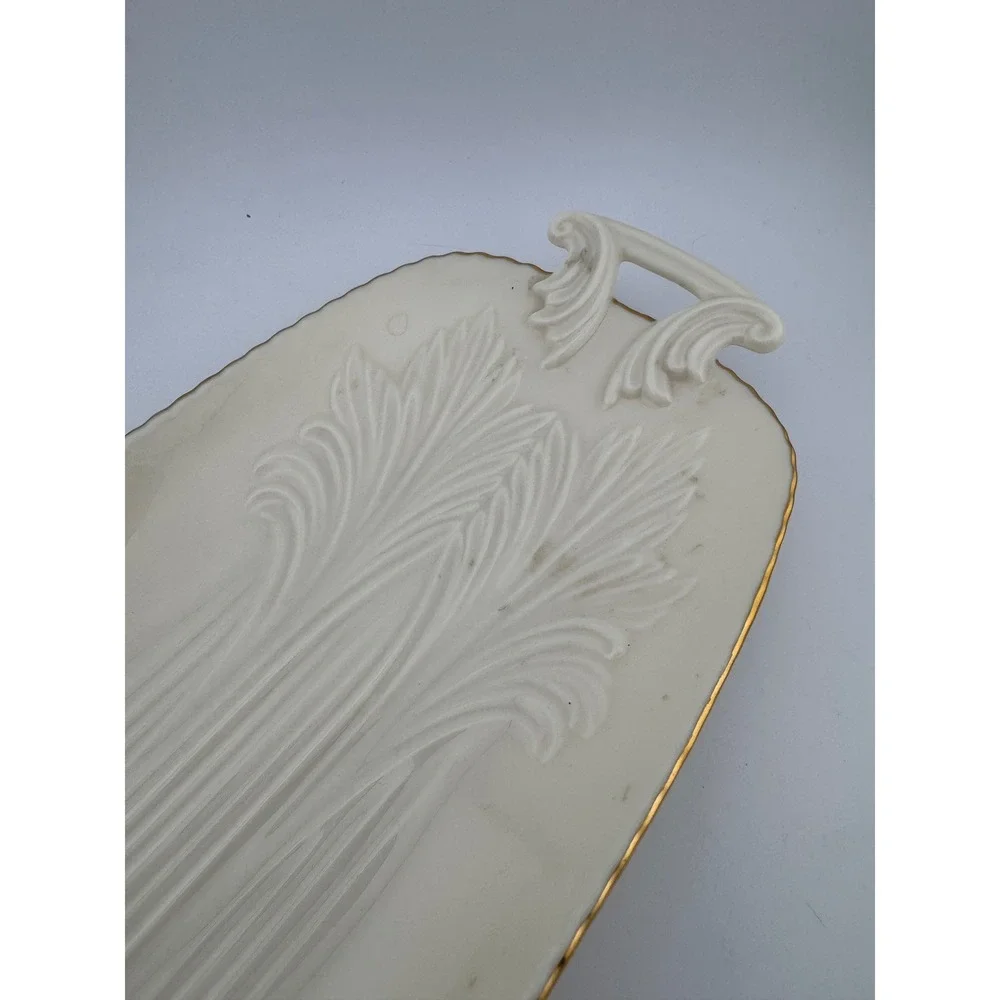 Lenox Cream Gold‎ Rimmed Oval Serving Tray Embossed Floral Design Handles